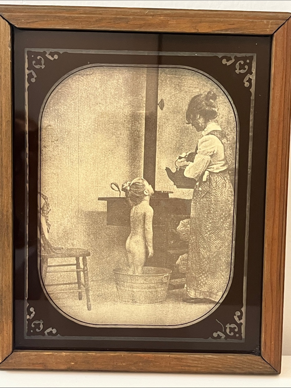 Vintage Framed Sepia “Mother Bathing Child” Rolland Hendrickson